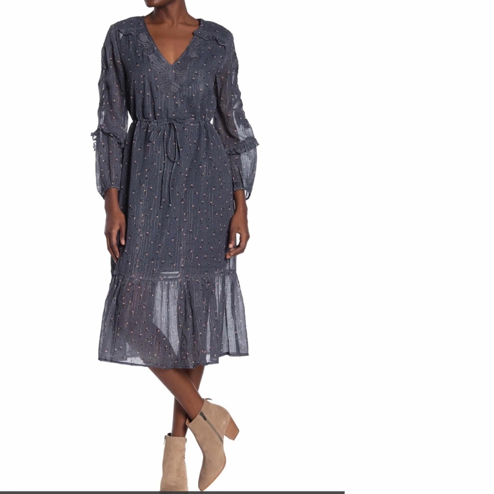 Dolan Zoe Embroidered L/S Cotton Midi Dress S Blue